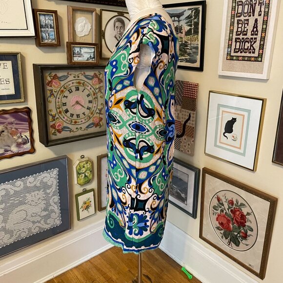 Maeve Blue Green Gold Abstract Pattern V-Neck Cap Sleeve Sheath Dress Size XS - Picture 2 of 6